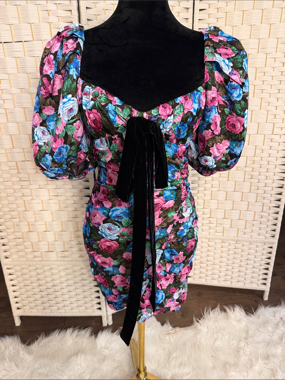 For Love & Lemons Black Floral Puff-Sleeve Mini with Velvet Tie